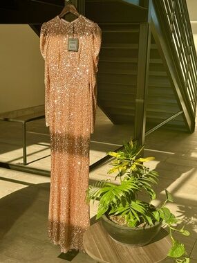 Ieena for Mac Duggal Sequined High-Neck Puff Long Sleeve Column Gown 
Size 2 NWT